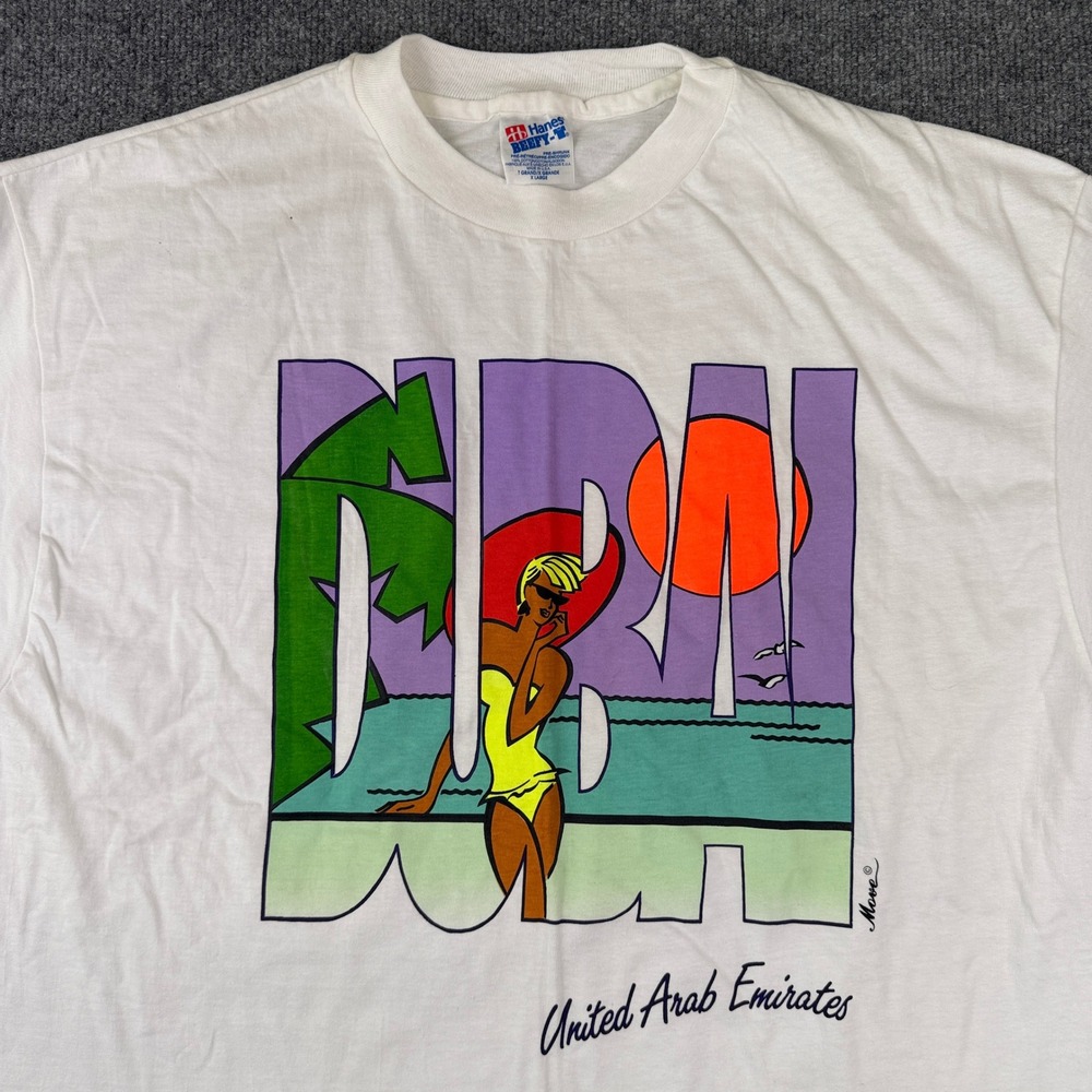 Vintage 80s Dubai T Shirt Mens XL Travel Destination Beach Retro UAE Made in USA